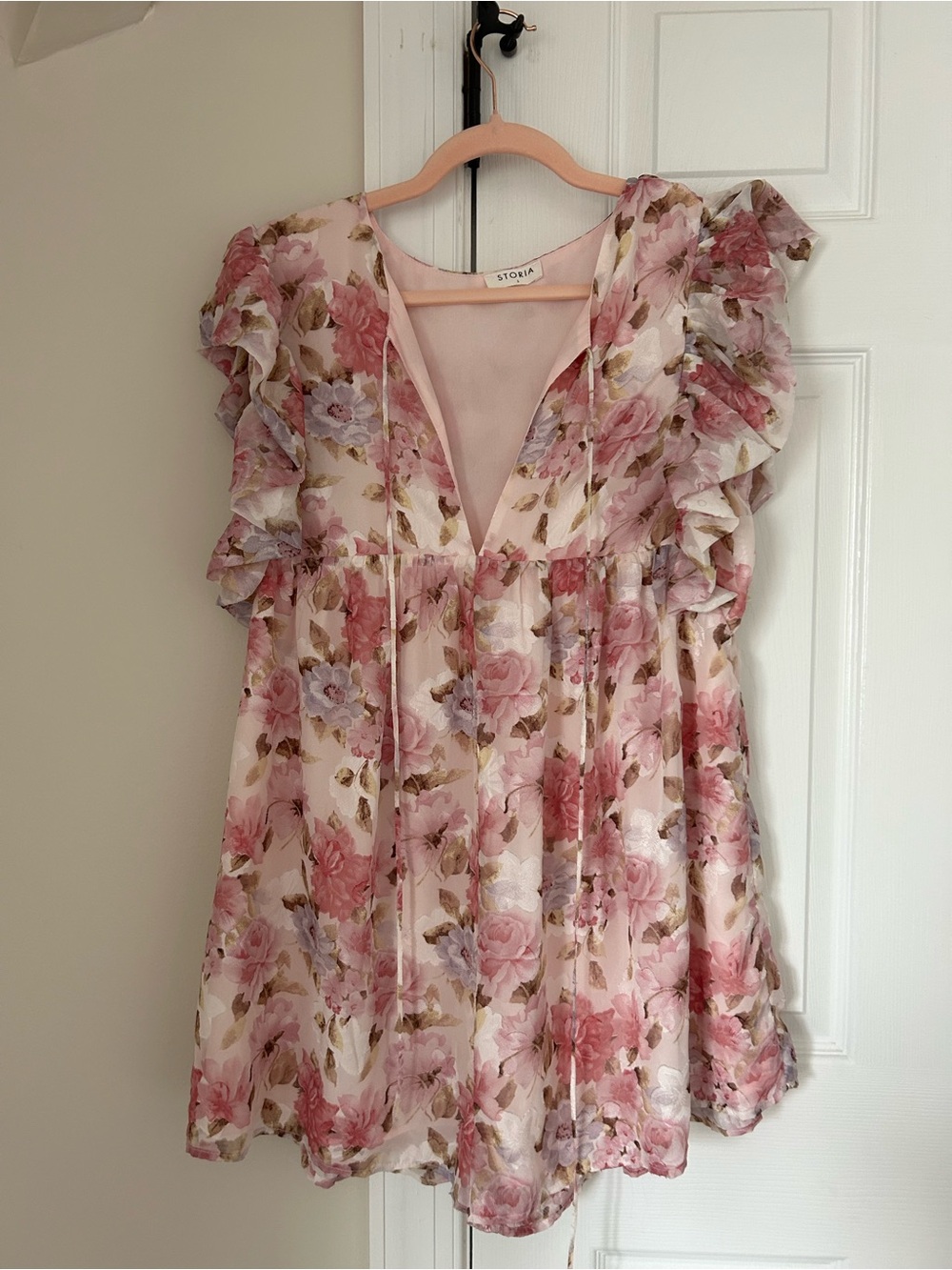 Storia Pink Floral Ruffle Sleeve Mini Romper Size Small